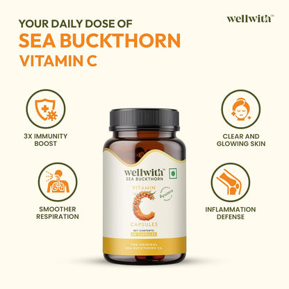 Wellwith Sea buckthorn Berry Powder Capsules – 60 Vegan Caps |Sea buckthorn capsules rich in Natural Vitamin C for Skin Glow & Collagen Boost | Pack of 1