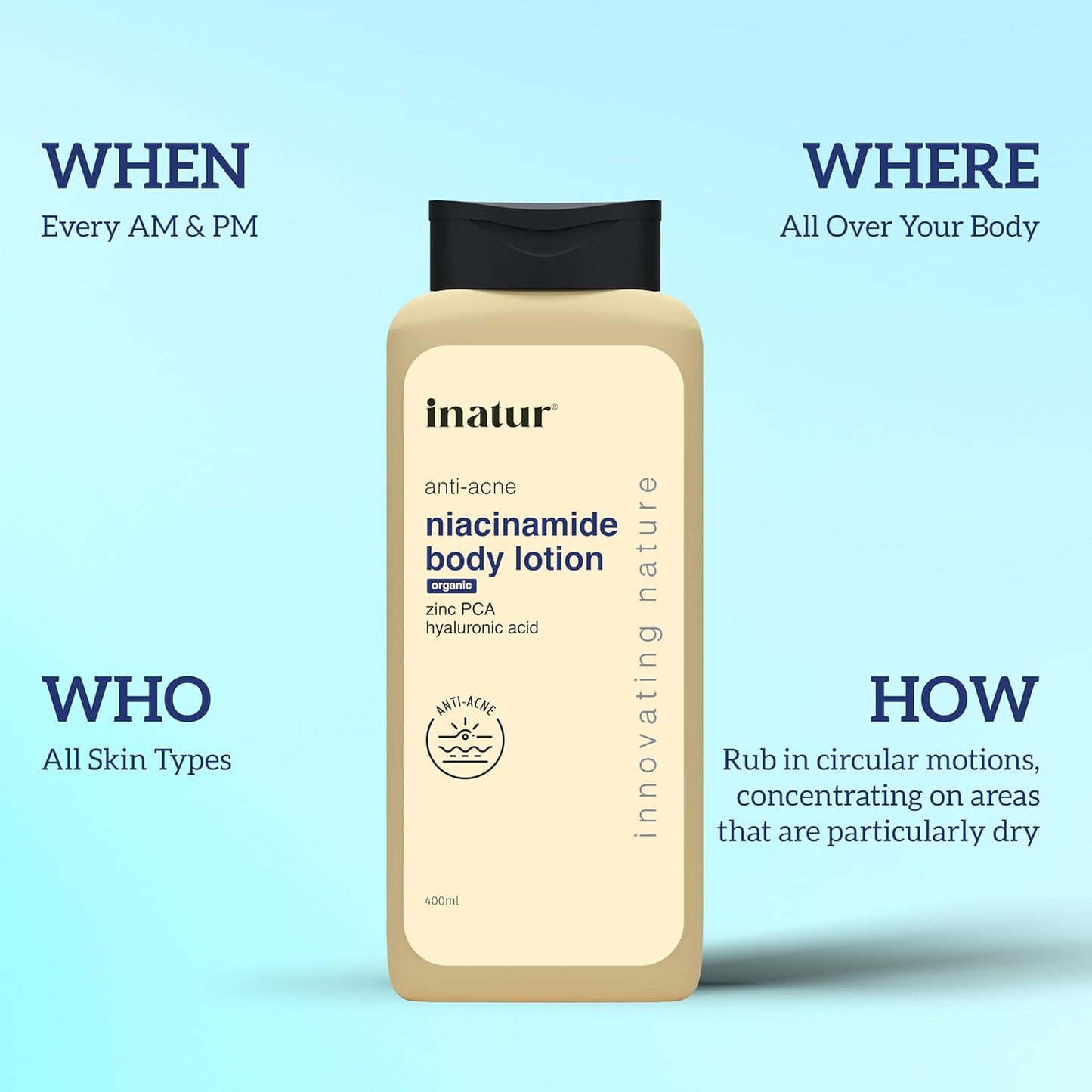 inatur Niacinamide Body Lotion 400ml – Anti-Acne Moisturizer with 2% Salicylic Acid, Zinc PCA & Hyaluronic Acid | Sulphate-Free Formula for Smooth, Hydrated Skin | Deep Nourishment & Oil Control