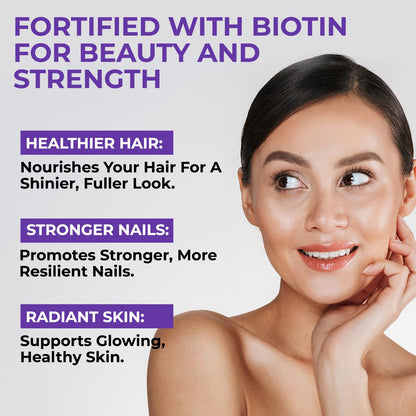 Advertisement for a product fortified with biotin, featuring a woman's face and text about hair, nails, and skin benefits.