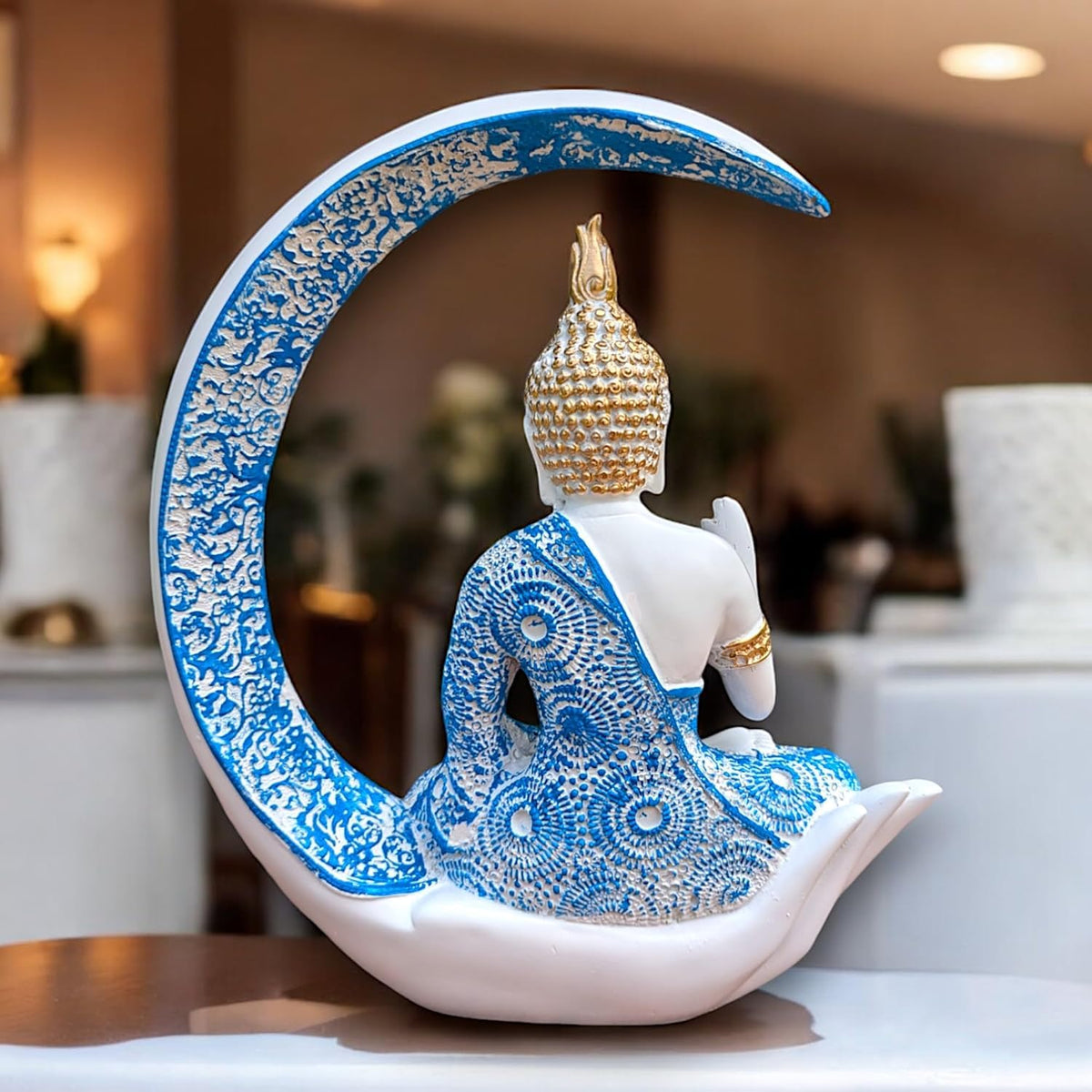 Blue & White Meditating Buddha Idol – Resin Showpiece with Moon & Lotus Hand Base for Home Decor, Office & Spiritual Gift