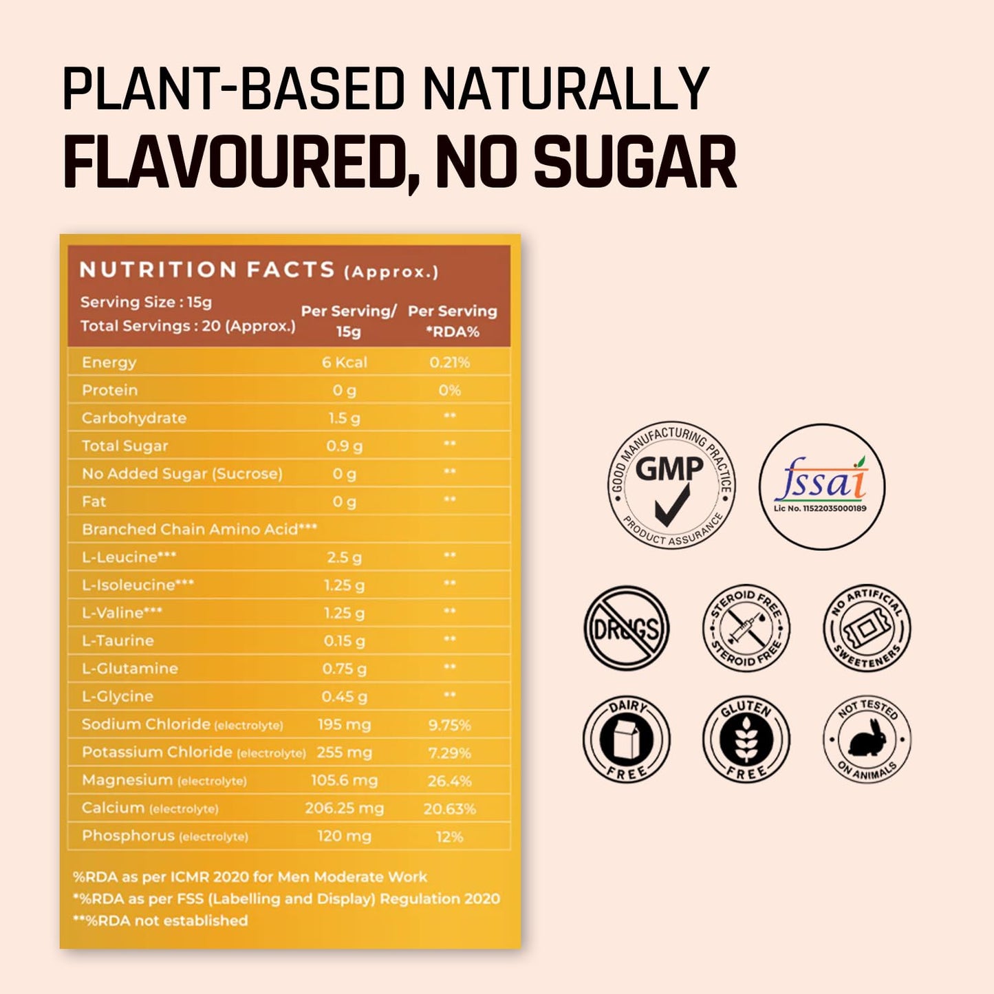 Nutrition facts label for a plant-based product with various certification logos on a beige background.
