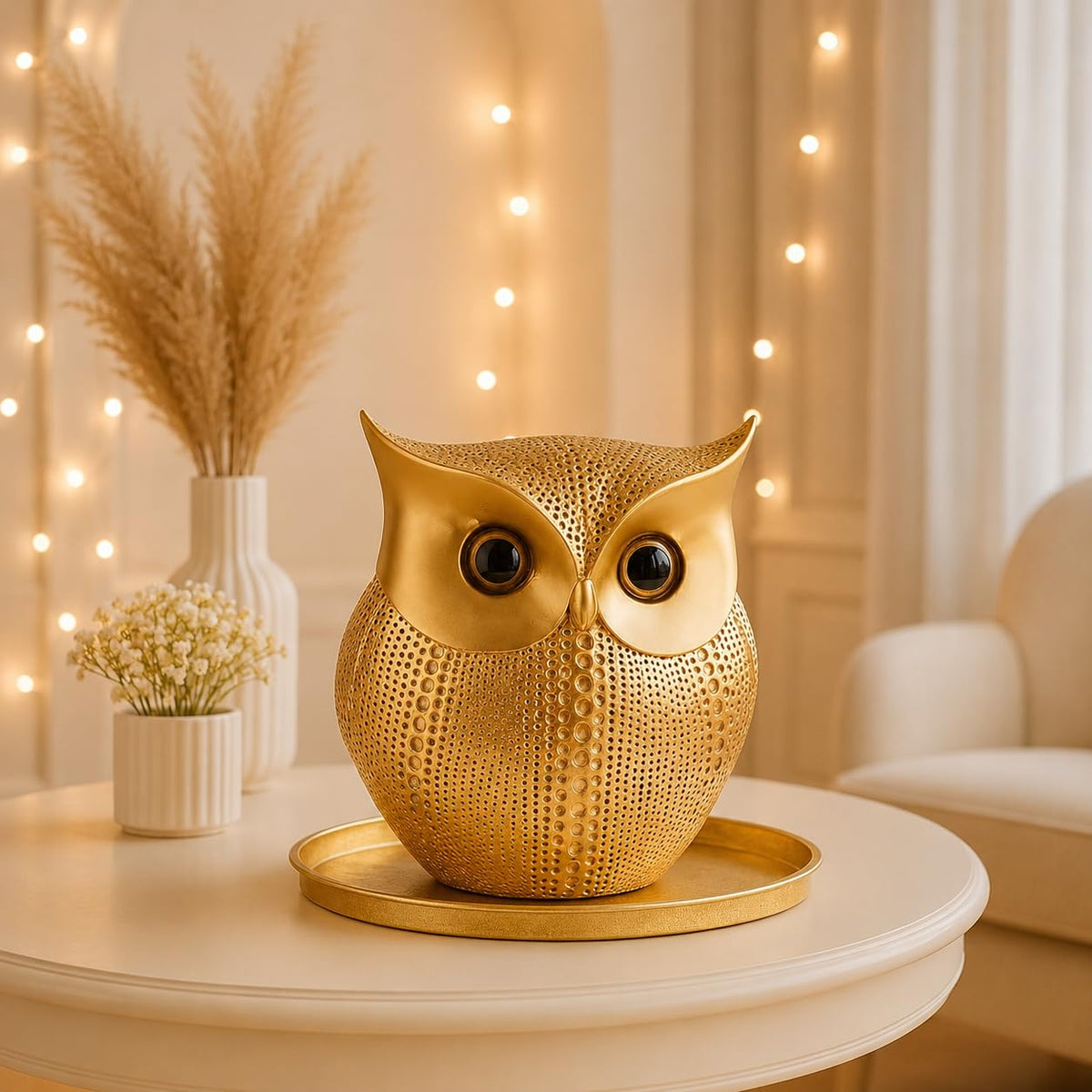Modern Classy Lucky Owl Resin Art Figure Showpiece (Golden), 1 Piece