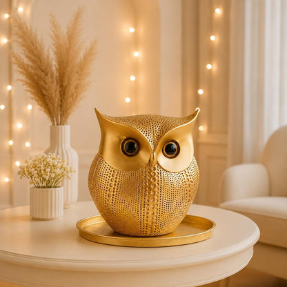 Modern Classy Lucky Owl Resin Art Figure Showpiece (Golden), 1 Piece