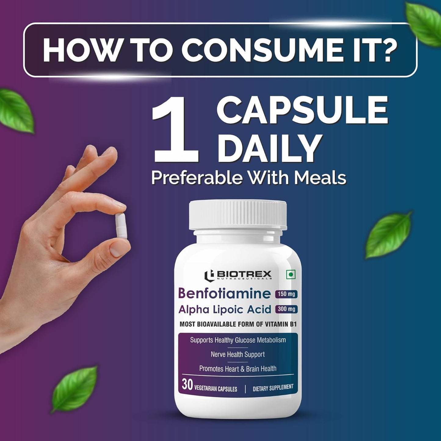 Biotrex Nutraceuticals Benfotiamine 150mg, Alpha Lipoic Acid 300mg With Leucine | Glucose Balance & Metabolic Response | Brain, Heart & Nerve Health | Most Bioavailable Vitamin B1-30 Veg Capsules