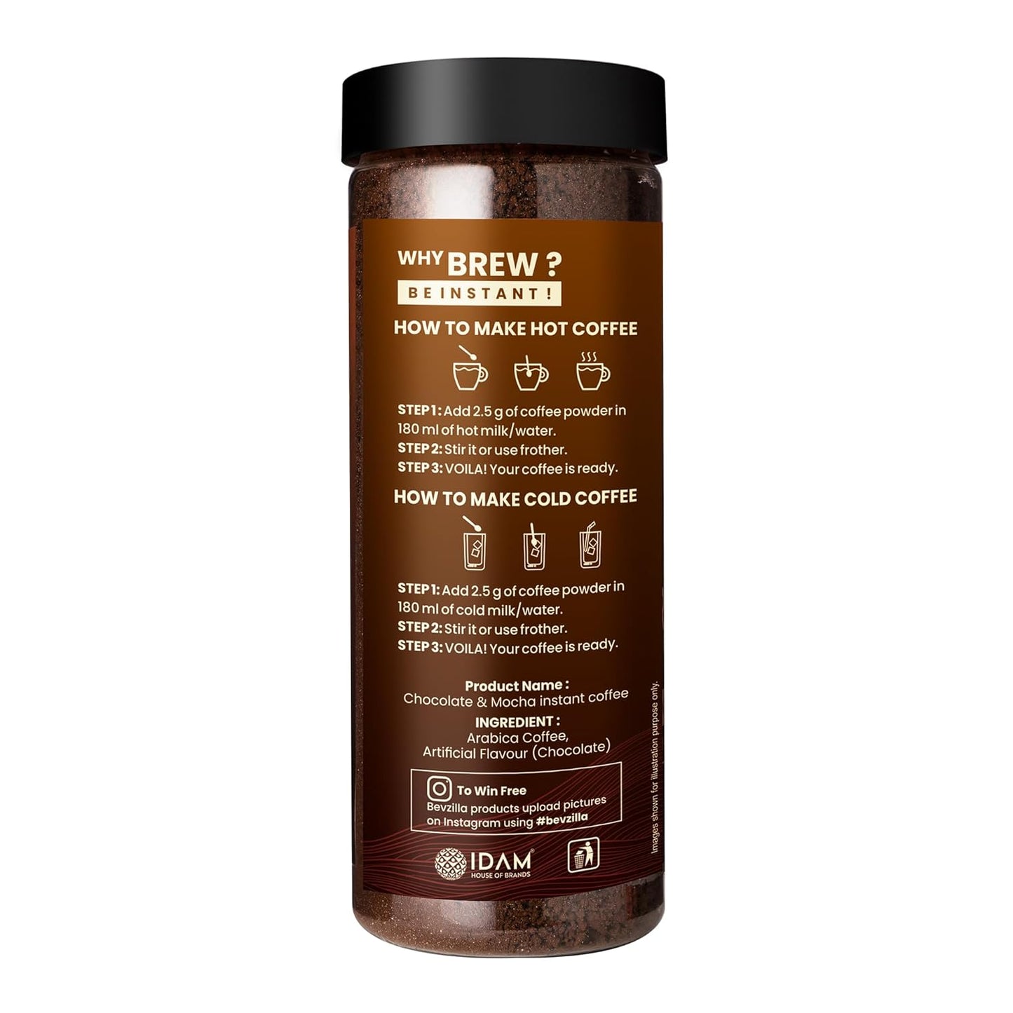 Bevzilla Chocolate & Mocha (Choco-Mocha) Instant Coffee Powder Jar – 200g | Arabica Beans with Chocolaty Twist | Perfect for Espresso, Latte & Cappuccino | Enjoy Hot & Cold Brews
