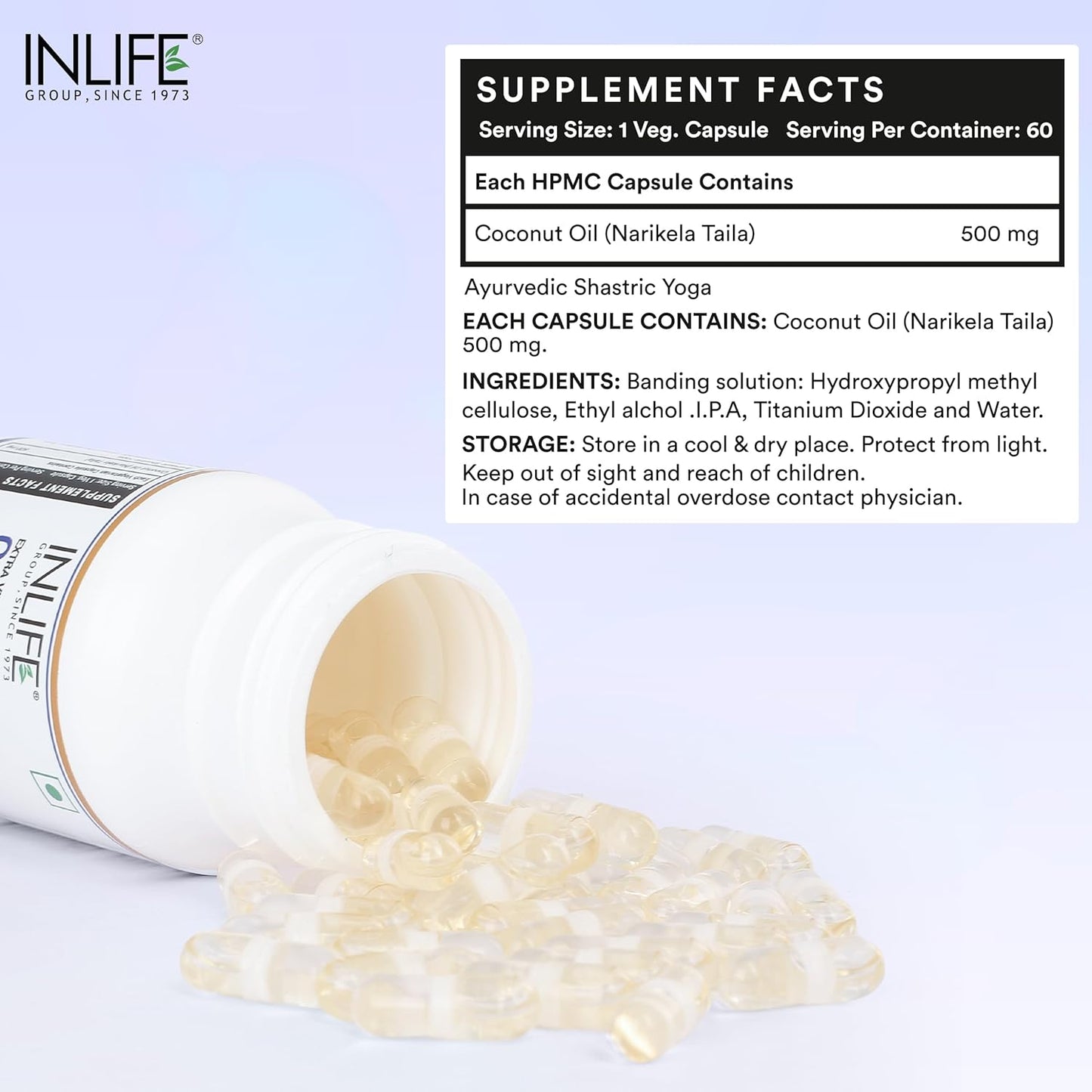 INLIFE Coconut Oil Capsules | Extra Virigin Cold Pressed | 500mg per Serving | Supports Keto & Well-being - 60 Vegetarian Capsules (Pack of 1)