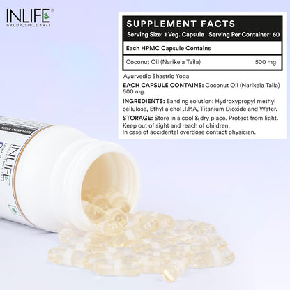 INLIFE Coconut Oil Capsules | Extra Virigin Cold Pressed | 500mg per Serving | Supports Keto & Well-being - 60 Vegetarian Capsules (Pack of 1)