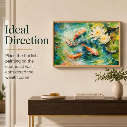 Koi Fish Lotus Pond Vastu Wall Painting for Living Room Bedroom Hall Office Decor, Water Lily Nature Artwork, Premium Wooden Synthetic Frame (13.5 x 19.5 Inch) NM01-V-178