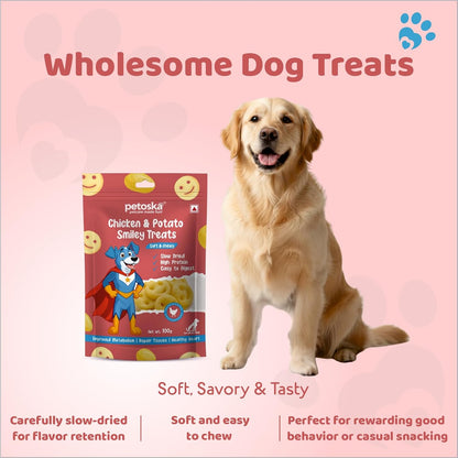 Petoska Chicken & Potato Smiley Treats- 100gms | Healthy Dog Snacks | Fresh Chicken & Potato | Supports Digestion & Energy | Ideal for Training