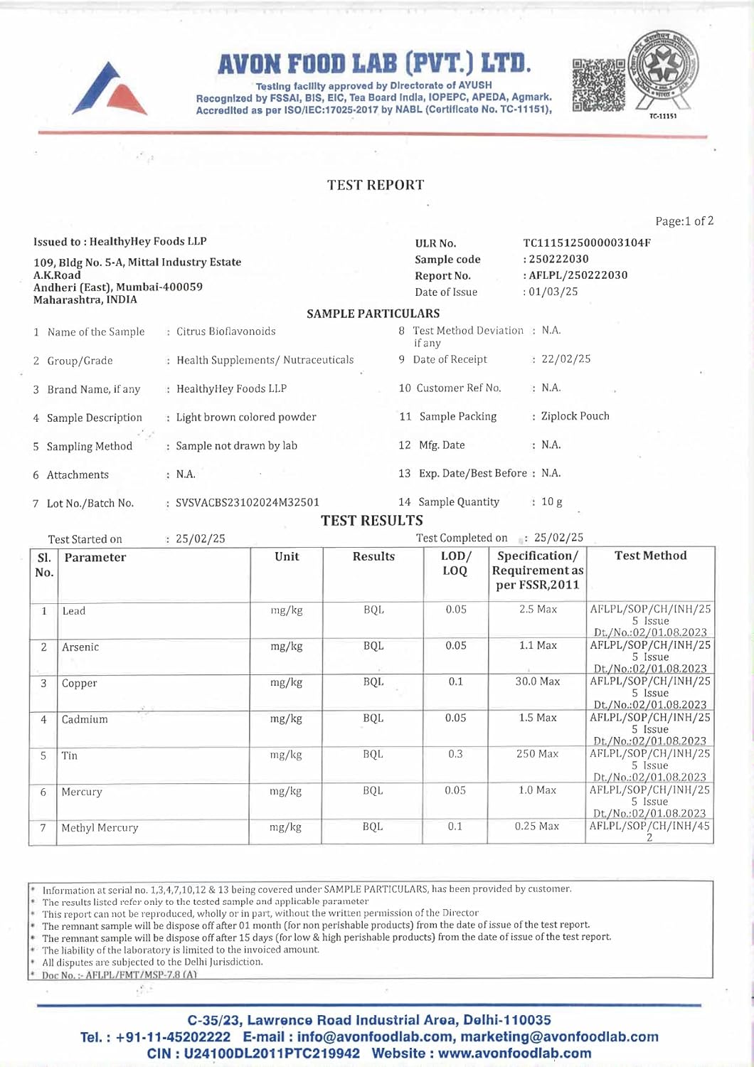 Avon Food Lab test report with various parameters and results.