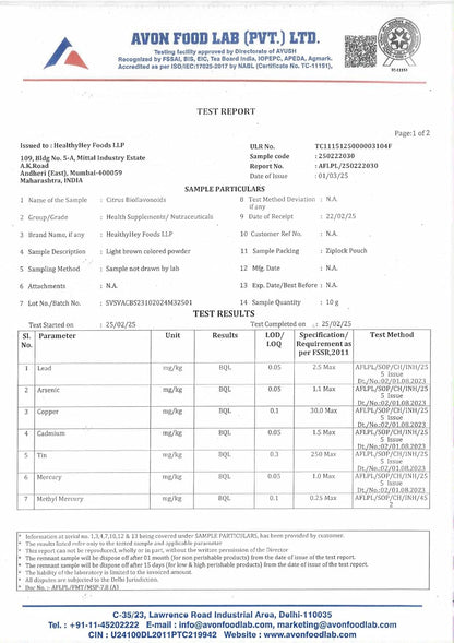Avon Food Lab test report with various parameters and results.
