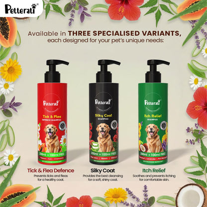Petterati Silky Coat Dog Shampoo | Aloe Vera, Neem & Hibiscus | Deep Cleansing for Soft, Shiny Coat | 200ml + 100ml Free