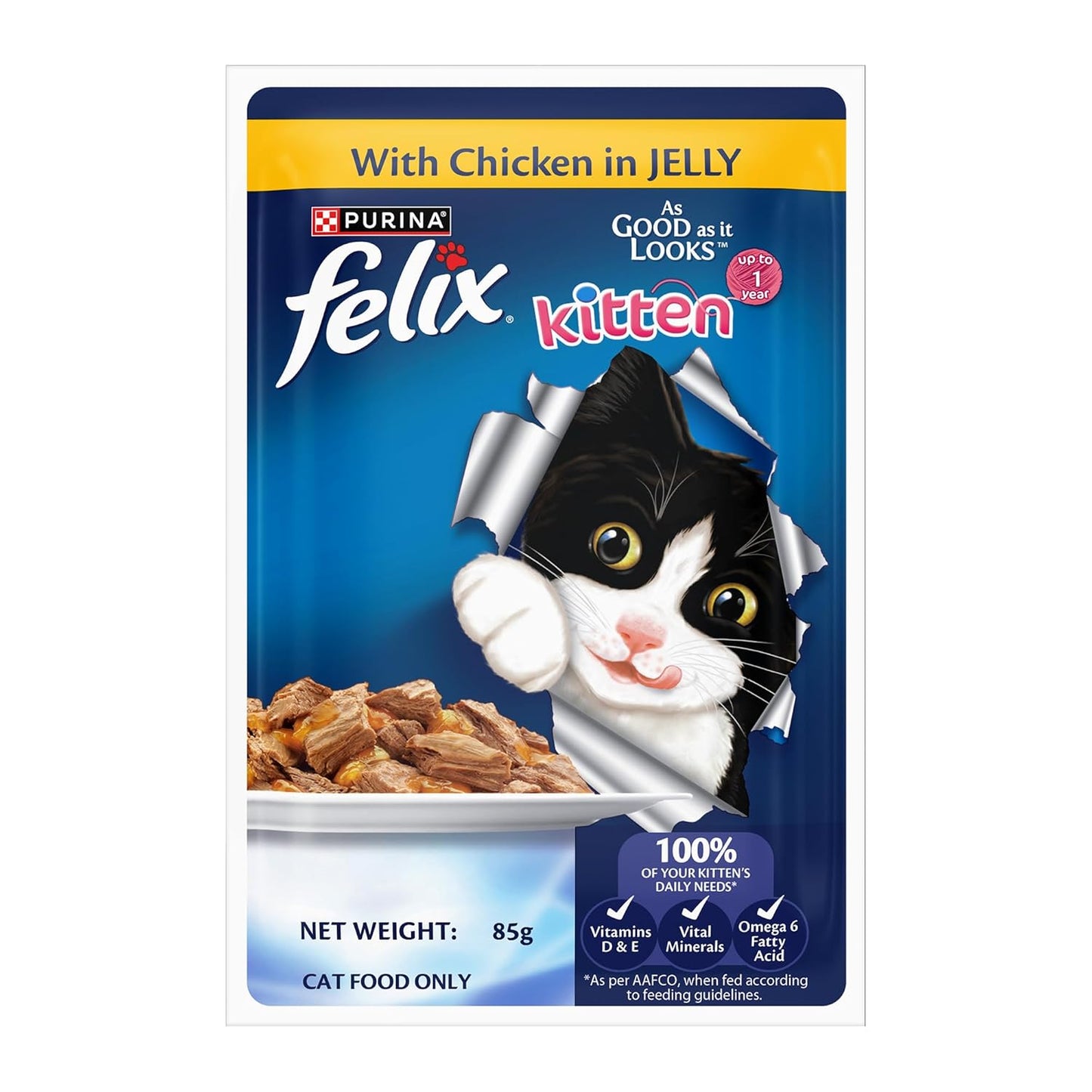 Purina Felix Chicken in Jelly, Wet Food for Adult Cats, 85g Pouch | With Chicken in Jelly, Tasty Meaty Chunks, 100% Complete & Balanced Nutrition, Vitamins D & E, Omega 6, Essential Minerals