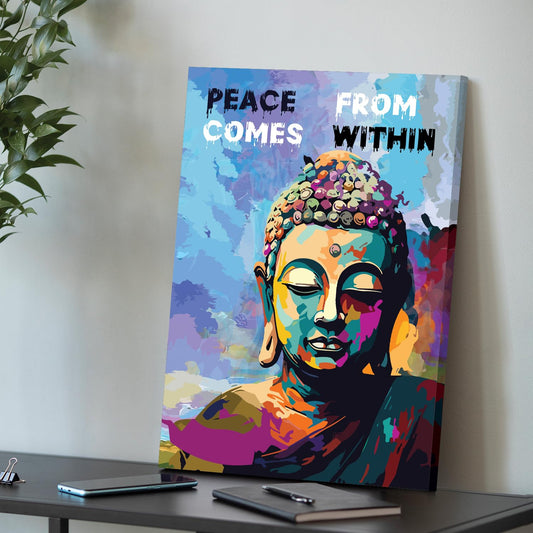 Stretched Modern Canvas Wall Painting, Lord Buddha Peace Pop Graffiti work for Living Room, Home, Bedroom, Office Decoration (16x22 Inch)