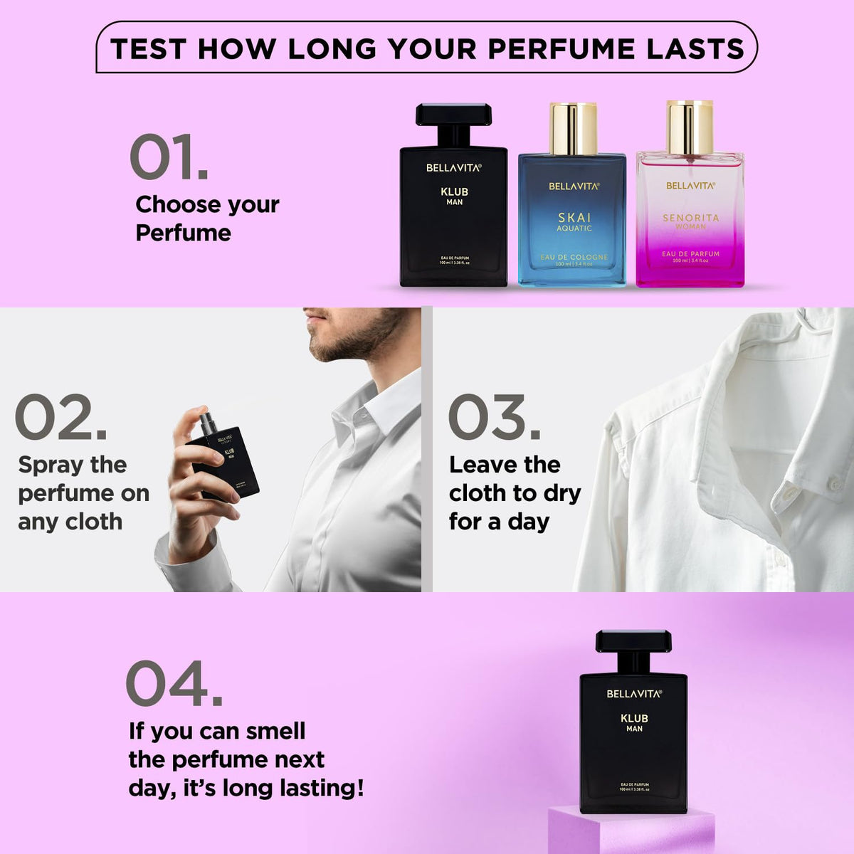 Bella Vita perfume bottles with a man testing perfume duration on a cloth.