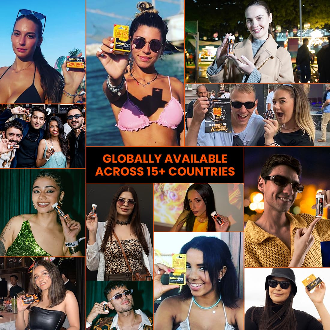 Collage of people holding a product with text 'Globally Available Across 15+ Countries'.