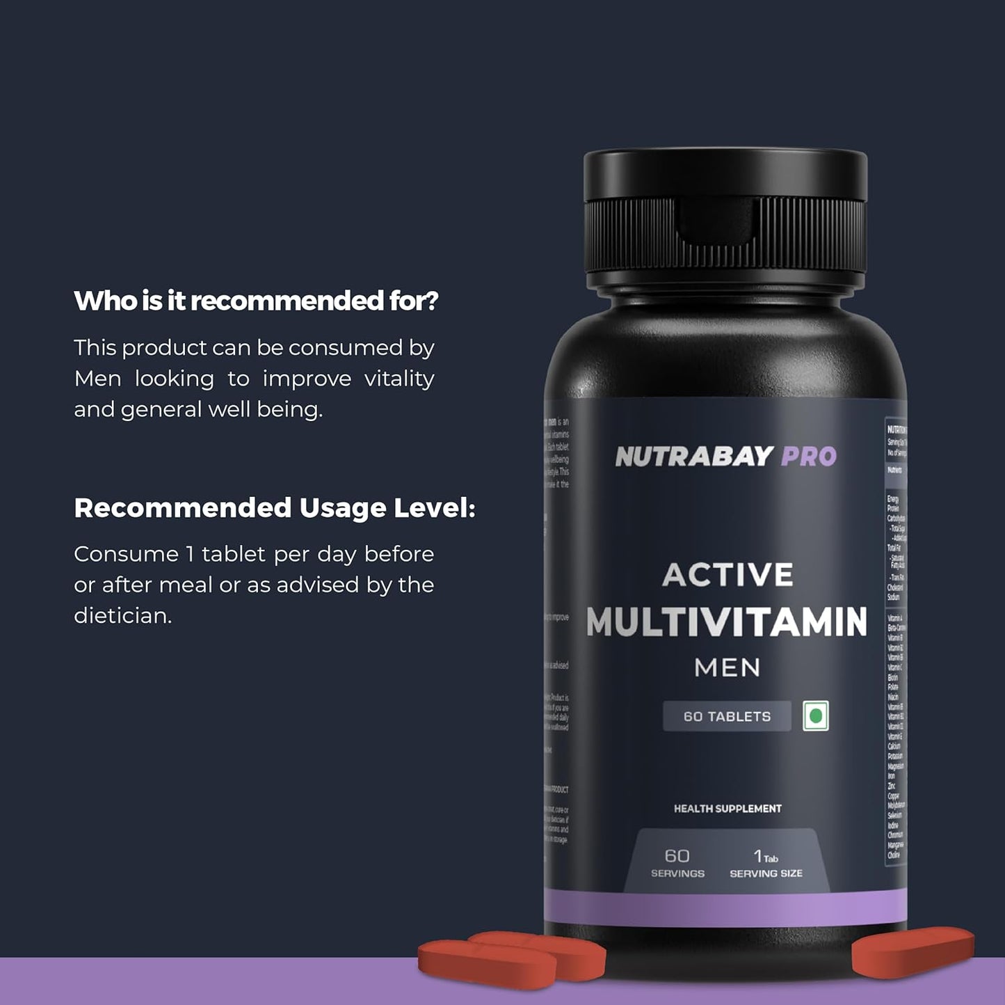 Nutrabay Pro Active Multivitamin for Men with Zinc, Magnesium, Vitamin B,C,A,E – Enhances Energy, Immunity & Better Sleep– 60 Veg Capsules | 100% RDA for Viamins & Minerals | Purity Tested Supplement
