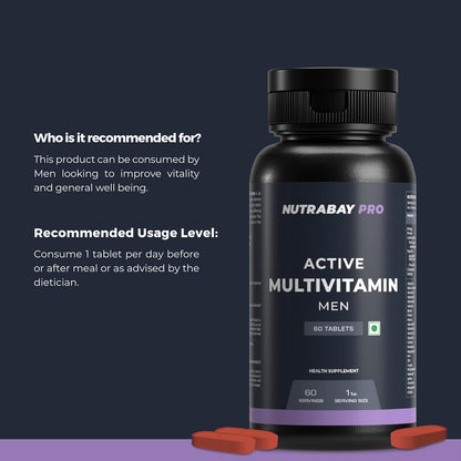 Nutrabay Pro Active Multivitamin for Men with Zinc, Magnesium, Vitamin B,C,A,E – Enhances Energy, Immunity & Better Sleep– 60 Veg Capsules | 100% RDA for Viamins & Minerals | Purity Tested Supplement