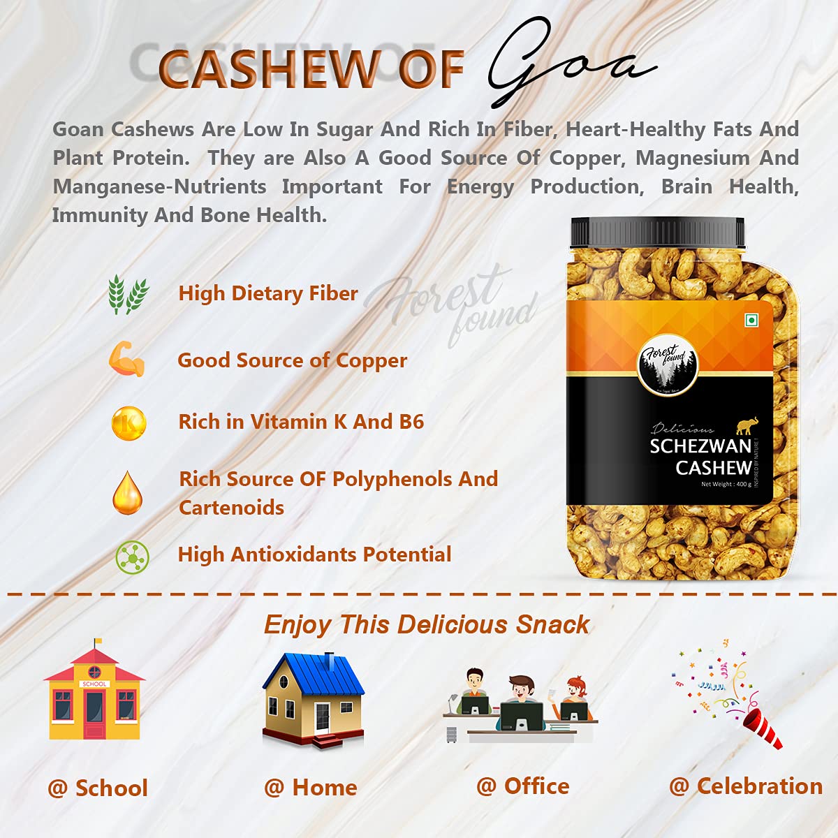 Forest Found Schezwaan Cashews 400g | Dry Oven Roasted & Salted Kaju | Zero Oil & Non-Fried Crunchy Nut Snack | Low Sodium & Protein-Rich | Spicy Flavored Premium Whole Cashews