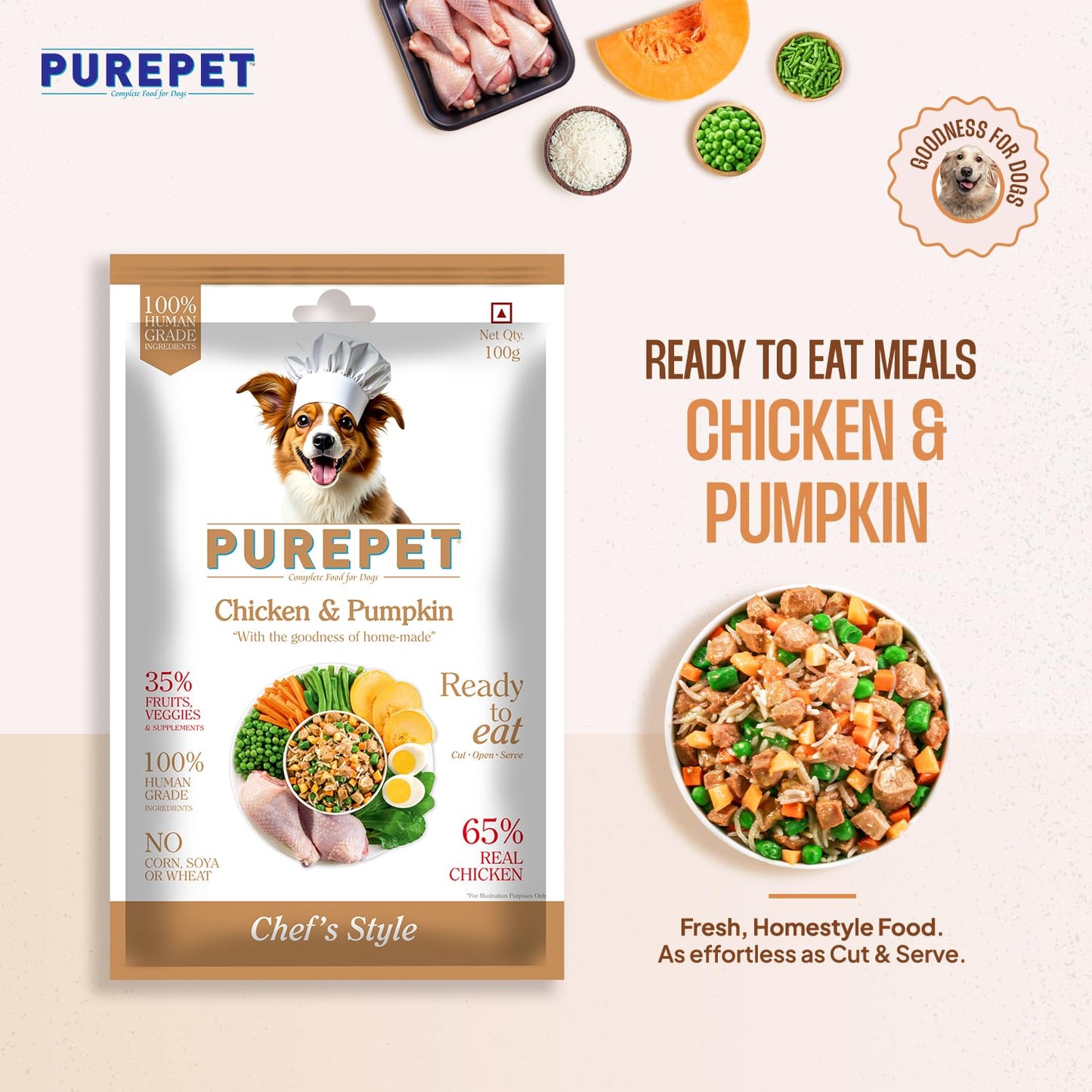 Purepet Fresh Dog Food Chicken & Pumpkin, for Adult & Puppy, 100gm | High Protein, 65% Real Chicken, 35% Fruits & Veggies | No Preservatives | Ready to Serve | All Breeds | One Pack One Meal