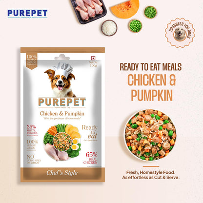 Purepet Fresh Dog Food Chicken & Pumpkin, for Adult & Puppy, 100gm | High Protein, 65% Real Chicken, 35% Fruits & Veggies | No Preservatives | Ready to Serve | All Breeds | One Pack One Meal