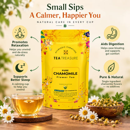 Tea Treasure Chamomile Flower Tea - 100g | Pure Natural Dried Chamomile Flowers | Caffeine-Free Herbal Tea | Non-Bitter | Sleep & Relaxation |Stress Relief | Soothing Bedtime Herbal Infusion