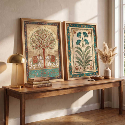 Indian Traditional Madhubani Art Wall Painting Home Decoration With Frame For Living Room Bed Room Hotel Wall Decor Digital Reprint Engineered Wood Set of 2 (13X17 inch)