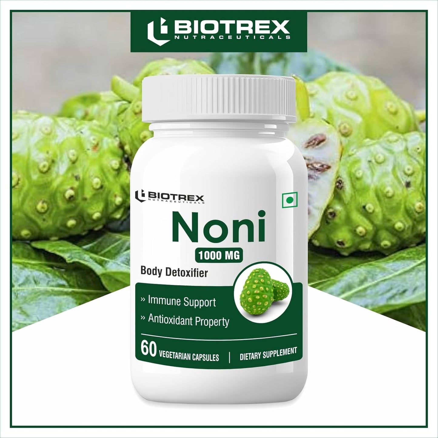 Biotrex Nutraceuticals Noni 1000mg - 60 Capsules, Traditional Herb Supplement With Antioxidant Properties.
