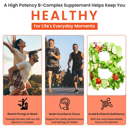 Advertisement for a high potency B-complex supplement with lifestyle images and text about health benefits.