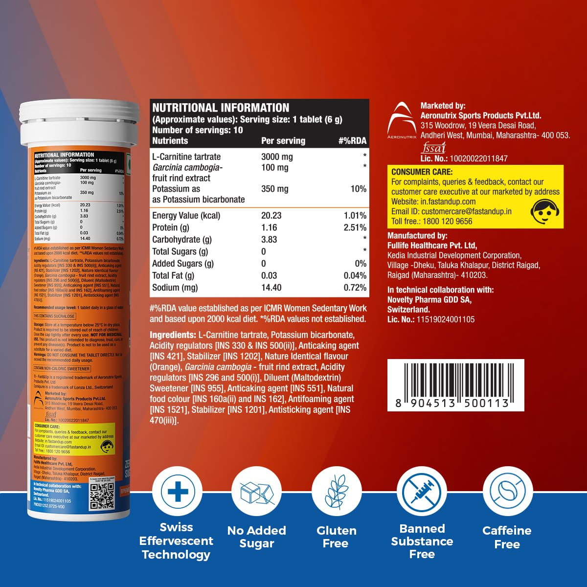 Fast&Up L Carnitine 3000mg Effervescent Tablets | Triple Action L Carnitine Supplement with Garcinia Cambogia & Potassium | Fat Burner for Weight Loss | Controls Cravings I Reduces Bloating I Orange Flavour (Pack of 1)