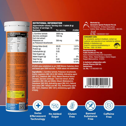 Fast&Up L Carnitine 3000mg Effervescent Tablets | Triple Action L Carnitine Supplement with Garcinia Cambogia & Potassium | Fat Burner for Weight Loss | Controls Cravings I Reduces Bloating I Orange Flavour (Pack of 1)