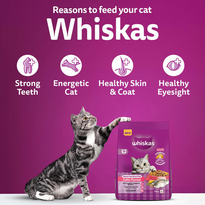 Whiskas Adult (1+ Years) Dry Cat Food, Catla Fish Flavour, 450 g, Powered with 40 Essential Nutrients, Complete & Balanced Nutrition for Adult Cats