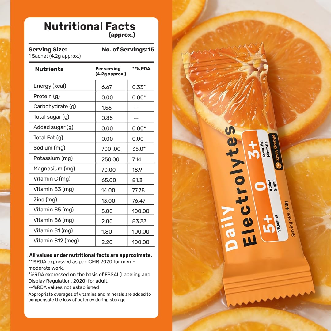 What's Up Wellness Daily Electrolytes Powder - Zesty Orange Flavour | Zero Added Sugar | Instant Hydration - Sodium, Potassium, Magnesium & Zinc | Vegan | 15 Sachets