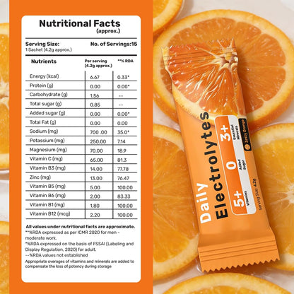 What's Up Wellness Daily Electrolytes Powder - Zesty Orange Flavour | Zero Added Sugar | Instant Hydration - Sodium, Potassium, Magnesium & Zinc | Vegan | 15 Sachets