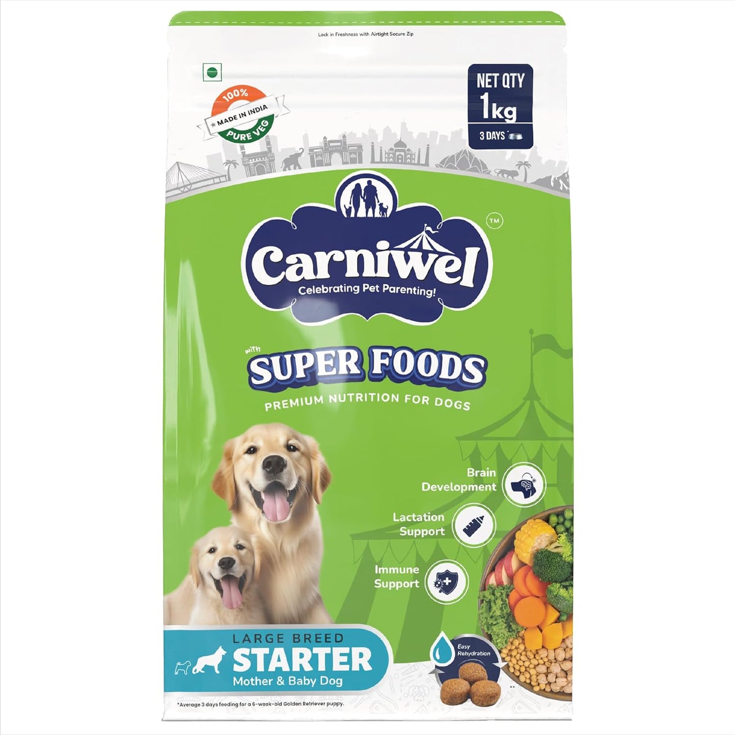 Carniwel Superfoods Starter Dry Dog Food 1 kg | 100% Vegetarian | Fresh & Natural Ingredients | Highly Palatable | GMO Free | Premium Nutrition for Large Dogs