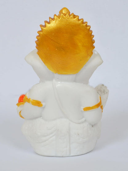White & Gold Ganesh Idol with Decorative Foam Flower – 3.5 Inch Polyresin Ganesha for Car Dashboard, Home, Office & Housewarming Gift – Auspicious Vastu Decor