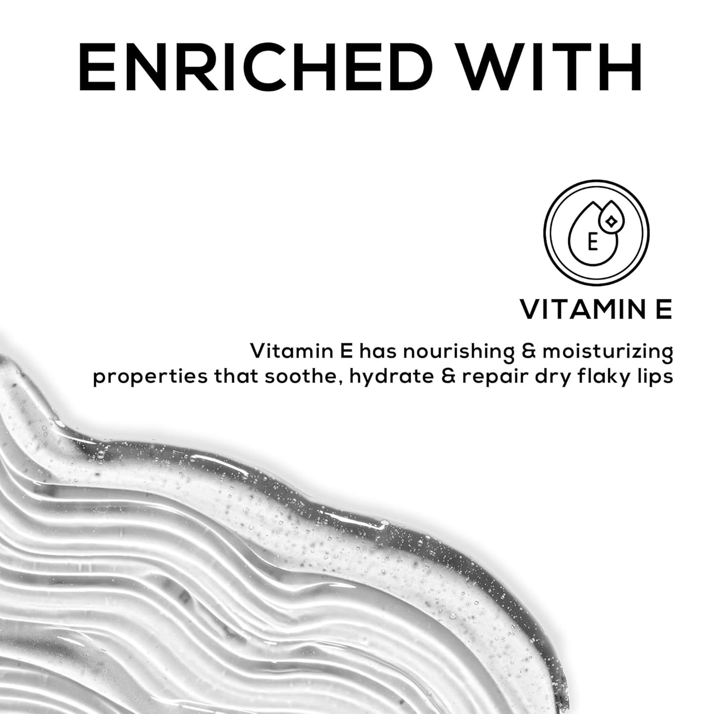 Text about vitamin E's benefits for lips with a black and white abstract design.