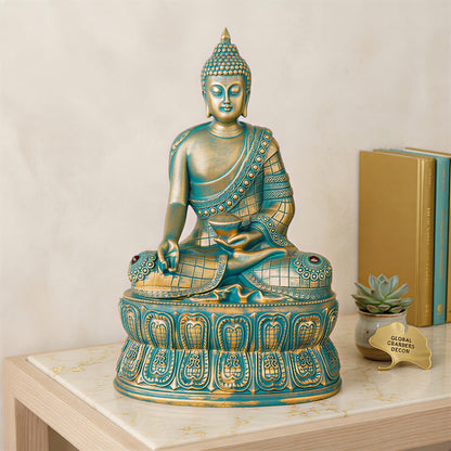Buddha Statue Showpiece Idol Home Decor Items for Living Room and Gifts (Antique Golden Blue)