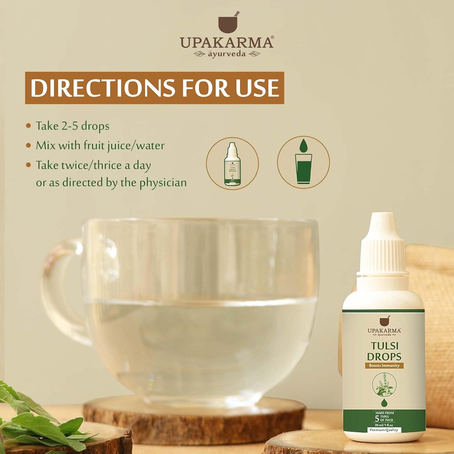UPAKARMA Tulsi Drops | 5 Tulsi Types Extract Based | Natural Immunity Boosting, Cough and Cold Relief - 30ml (Pack of 2)