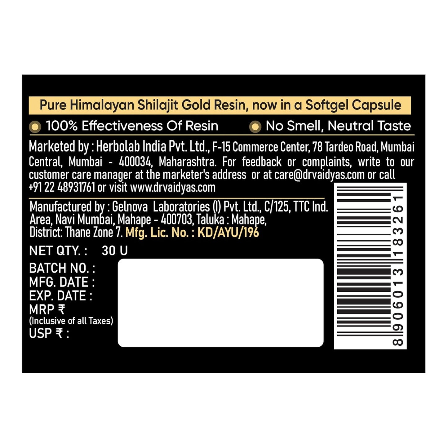 Dr. Vaidya's Herbo24Turbo Shilajit Gold Resin Softgel Capsules | 30 Ayurvedic Capsules for Strength, Stamina & Energy in Men | Enriched with Pure Shilajit for Men & 24K Gold Bhasma