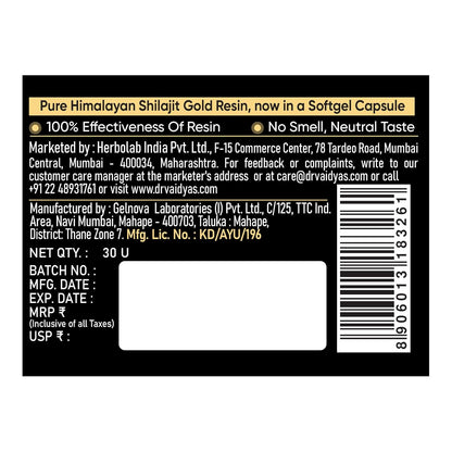 Dr. Vaidya's Herbo24Turbo Shilajit Gold Resin Softgel Capsules | 30 Ayurvedic Capsules for Strength, Stamina & Energy in Men | Enriched with Pure Shilajit for Men & 24K Gold Bhasma