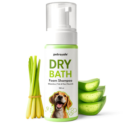 Petroyale Dry Bath Foam Shampoo for Dogs - Gentle and Natural Cleansing-Tick, Flea & Itch Relief - Waterless Foam Shampoo for Dog- with Lemongrass and Aloe Vera - for All Breeds | 150ml (Pack of 1)