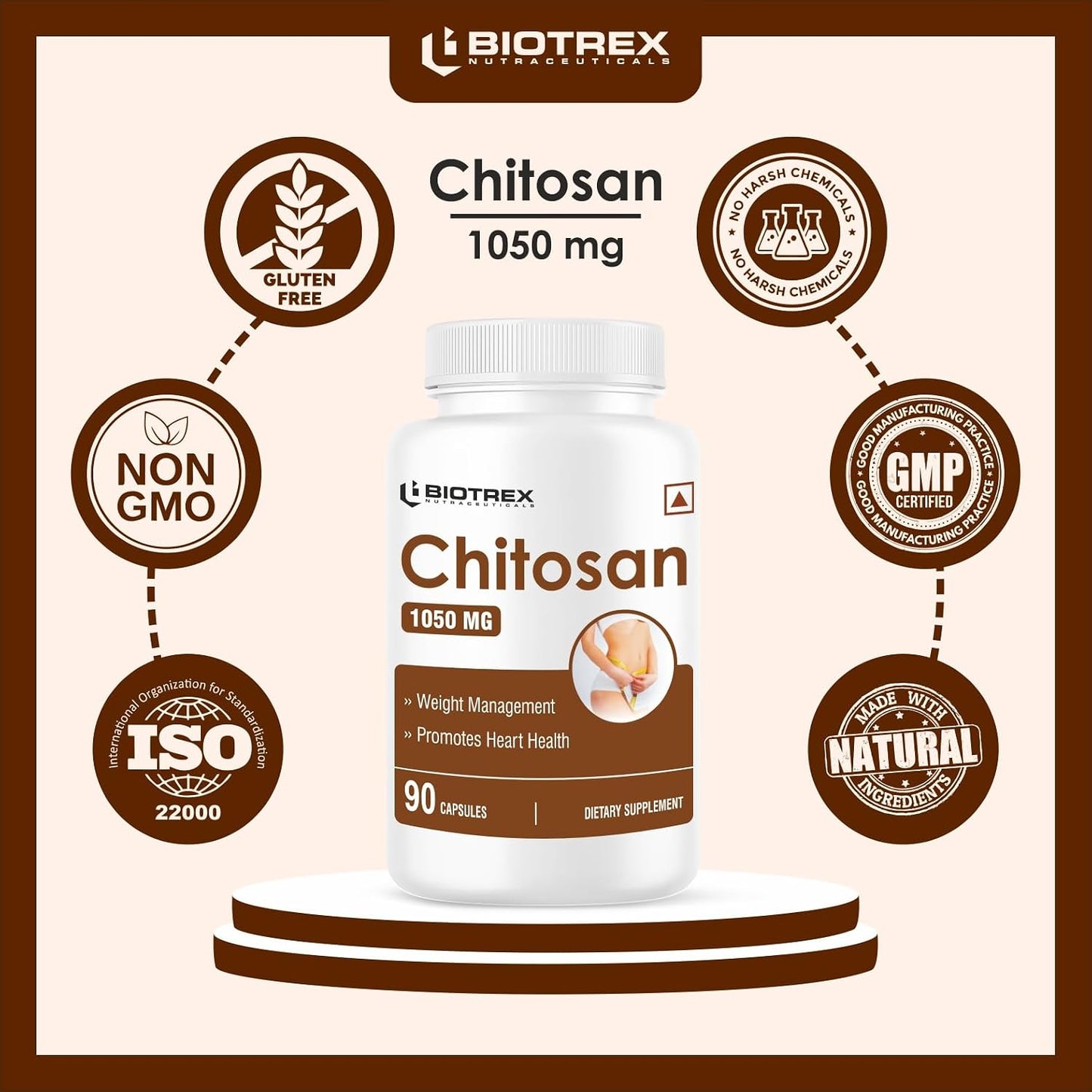Biotrex Nutraceuticals Chitosan 1050mg, Healthy Weight Management, A Natural Source of Marine Fiber - 90 Capsules