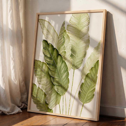 Green Leaf Aesthetic Modern Art Wall Painting | Home Decoration Floral Painting With Frame For Living Room Bedroom Wall Decor | Textured Digital Reprint Set of 1 Size (13X17 INCH)