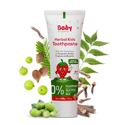 BabyOrgano Ayurvedic Baby Toothpaste for Kids 6+ Months | With Babool, Khadir, Mulethi & Neem | Fluoride-Free, SLS-Free | Safe to Swallow | Supports Strong Teeth & Gums | Strawberry Flavour | 50g (Pack of 1)