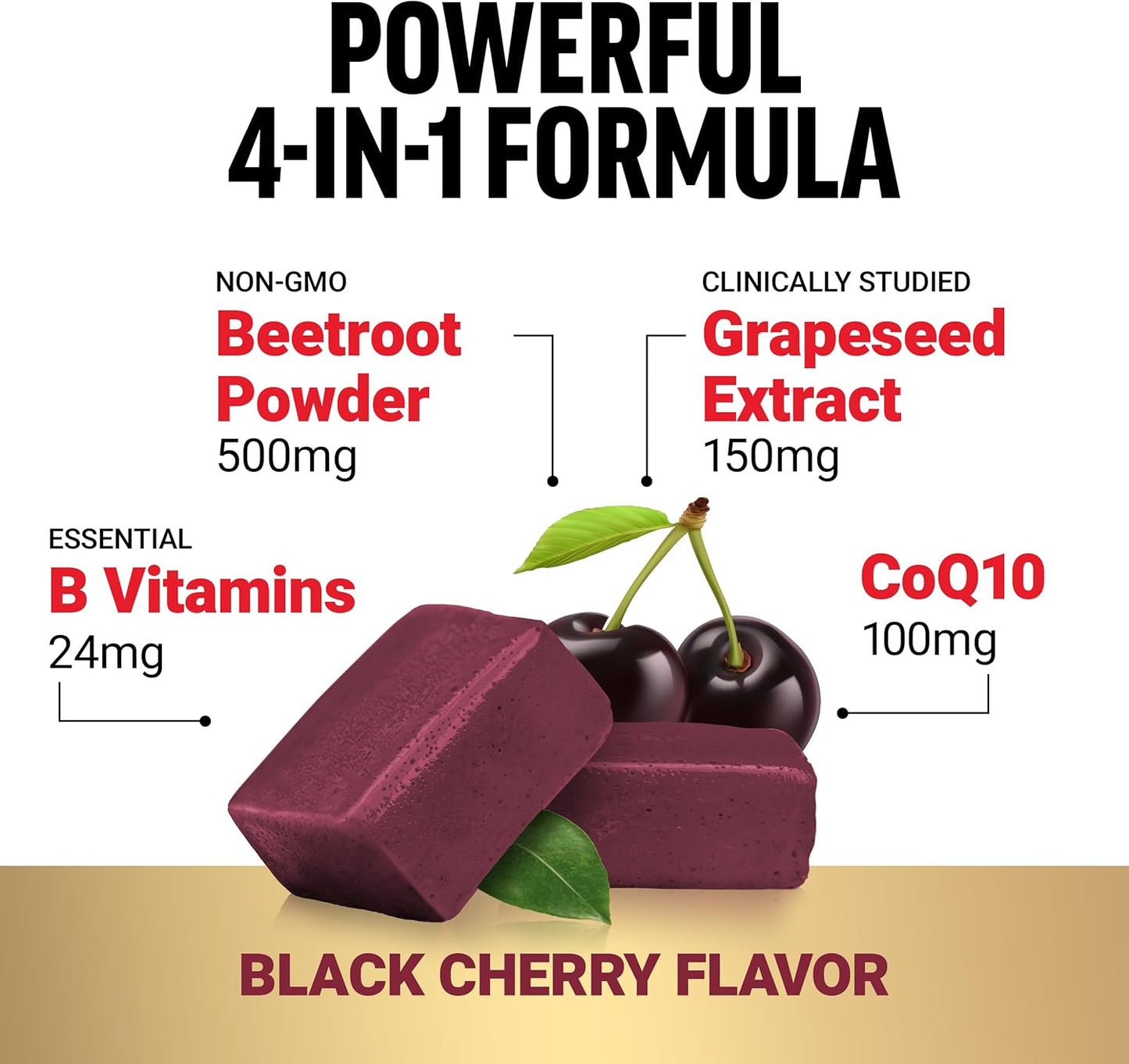 Product packaging with black cherry flavor, featuring beetroot powder, grapeseed extract, CoQ10, and B vitamins on a white background.