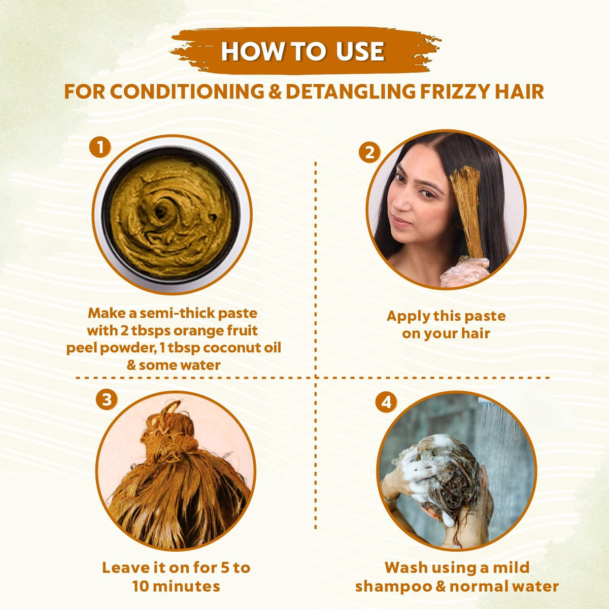 Step-by-step guide on how to use a hair care product for conditioning and detangling frizzy hair.