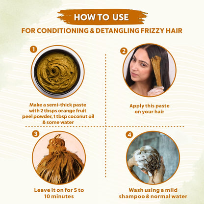 Step-by-step guide on how to use a hair care product for conditioning and detangling frizzy hair.