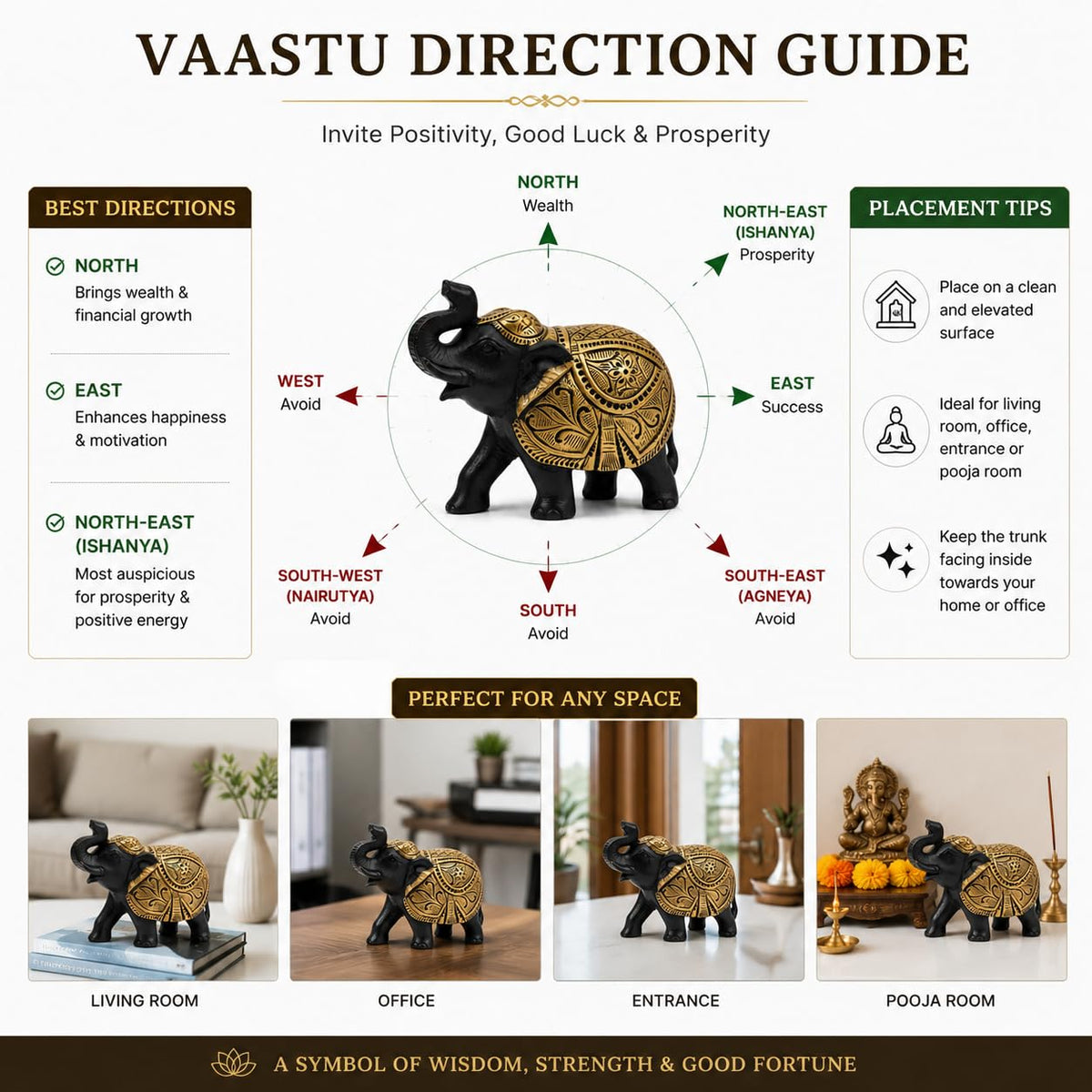 Premium Elephant Statue for Good Luck, Vastu & Home Decor Gift Items for Decoration (Black & Golden) & Animal Decorative Showpiece Figurines | Lucky Elephant Statue