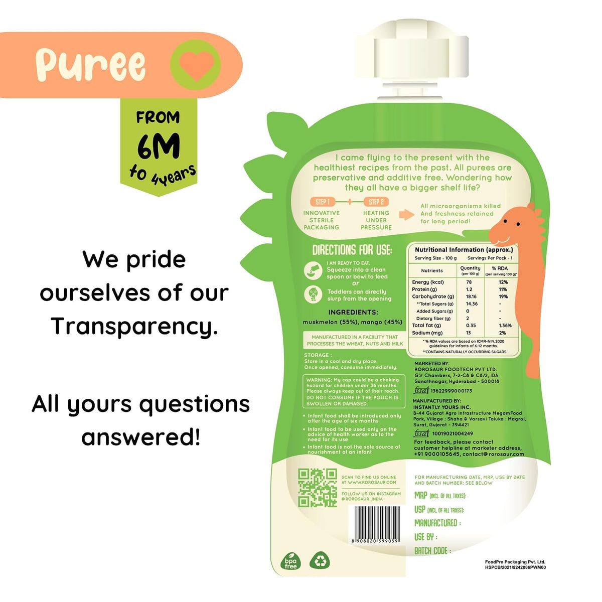 Rorosaur Ready to Eat Muskmelon & Mango Baby Food Puree Pouch 100g Each, Pack of 2 | For 6+ Months Babies & Toddlers | 100% Natural, No Added Sugar, No Preservatives